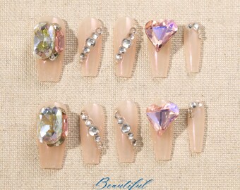 Rhinestone Heart Handmade Press On Nails | Luxury Crystal Set