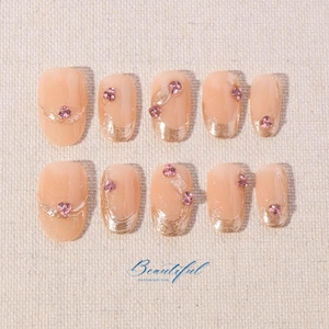 3D Golden Lines Press on Nail | Almond Nails | Y2K Nails | Glitter French Nails | Metallic Gold Nail |  Rhinestone Nails