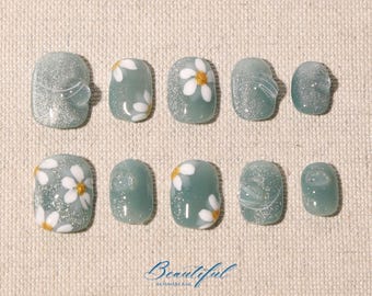 Daisy Cat Eye Press On Nails: Green Floral 3D Gel, Hand-Painted Fake Nails