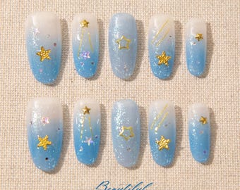 Blue Star Press On Nails | Handmade Y2K Reusable Glue On Nails