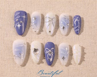 Hand Painted Press On Nails: Blue Blush Bow Nail Art Set