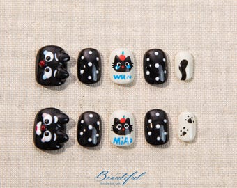 Cute Cat Press On Nails,3D Black Cat Fake Nails,Handmade Cartoon Nail Art,Fun Everyday Nails,Short Press Ons,Gift for Her,Pet Press On Nails