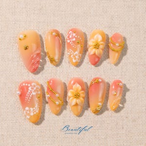 Yellow Sunset Gradient Nails / Yellow 3D Mint Flowers Nails / Gold Chrome Pressed Nails / Unique Design Nails for Birthday Vacation Holiday