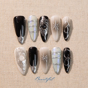 Silver Starstre Press On Nails: Gothic Chrome Nail Art