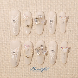 Butterfly Theme Press On Nails | Beautiful In White Wedding Nails | 3D White Nails Set | Long Stiletto Nails | Chrome Nail