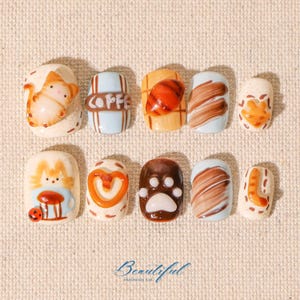 Cute Kitten Japanese Nails | Hand-painted Nails | 3D Gel Press on Nails | Kawaii Cat-Themed Nails | Faux Acrylic Nails | Bread Nails