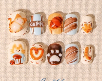 Handgeschilderde 3D Kitten Press On Nails: Kawaii Cat nepnagels