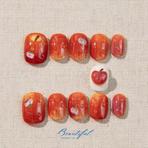 Cute Red Press On Nails | 3D Jelly Nails, Kawaii Fruit Nail Art, Short Almond Nails, Summer Aesthetic Nails