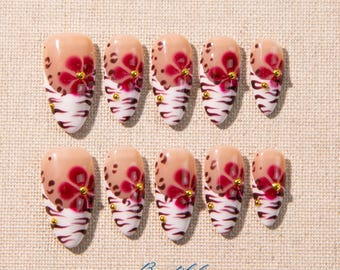 Red Floral Leopard Press On Nails | French Tip Statement Nails, Bold Animal Print Nail Art, Handmade Long Nails