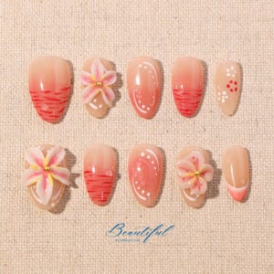 3D Floral Press On Nails: Almond Ombre Pink Lily Garden