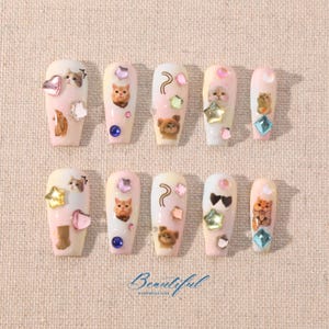 Hand Made Cute Cat Medium Coffin Press On Nails | kawaii Design Press-On with Colorful Shiny Rhinestone Nails | Cat Lover Nails