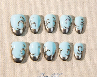 Blue Swirl Press On Nails | Silver Metallic Tips, Handmade