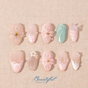 Press on Nails/Short Almond Nails/Summer Flower Design Nail/3D Flowers Nail/Vacation Holiday nails/Fairycorn Nails/Elegant Nails