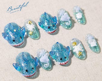 Shark Press On Nails | 3D Seahorse Ocean Design, Handmade