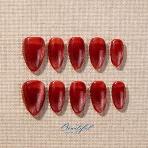 Red Cat&#39;s Eye Press On Nails: Elegant Handmade Gel Acrylic Fake Nails