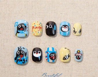Cartoon Penguin Press-On Nails | Kawaii Animal Hand-Painted Nail Art