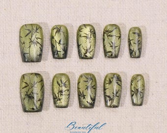 Green Bamboo Cat Eye Press-On Nails: Handmade Spring Nail Art