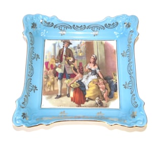 Vintage Porcelain Plate by Zeh Scherzer Bavaria Germany – Decorative Wall Plate with Romantic Scene and Blue Gilded Frame