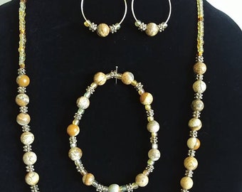 Natural Stone (Picture Jasper) Necklace (22"+ adjustable), Bracelet (8" elastic) and Hoop Earring Set in Browns/Tans (15ab)