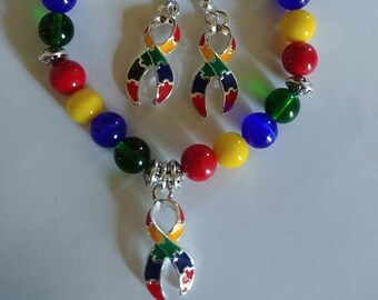7" Autisim Awareness Bracelet with 1" silver plated Ribbon Charm and Matching Earrings (21ab)