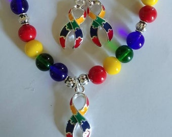 7 1/2" Autisim Awareness Bracelet with 1" silver plated Ribbon Charm and Matching Earrings (20ab)