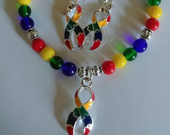 7" Autisim Awareness Bracelet with 1" silver plated Ribbon Charm and Matching Earrings (23ab)