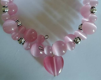 8" Pink Adjustable Bracelet with Heart Charm (17ab)