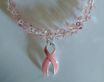 8" Adjustable Crystal Pink and Clear Breast Cancer Awareness Bracelet with Ribbon Charm (18ab)