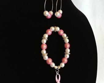 New, Handmade, Breast Cancer Awareness Bracelet and Hoop Earring Set (6ab)