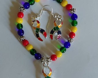 7" Autisim Awareness Bracelet with 1" silver plated Ribbon Charm and Matching Earrings (22ab)