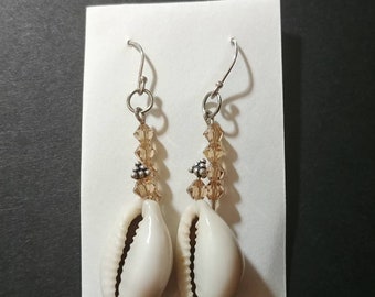 New, Handmade, Cowry Shell and Swarovski Crystal Drop Earrings (3)