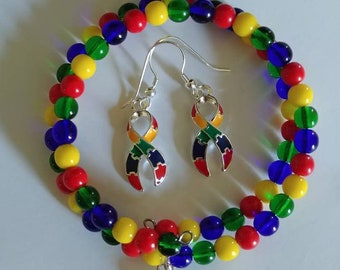 8" Autism Adjustable Bracelet with Matching Autism Awareness Ribbon Earrings (16ab)