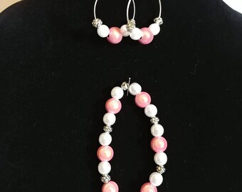 New, Handmade, Breast Cancer Awareness Bracelet and Hoop Earring Set (7ab)