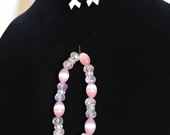 New, Handmade, Breast Cancer Awareness Bracelet and Hoop Earring Set (8ab)