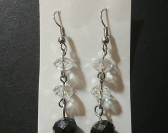 New, Handmade, Black and Clear Beaded Drop Earrings (2)