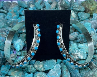 1.75 Inch Length Handcrafted Vintage Turquoise Petit Points Hoop Sterling Silver Post Earrings