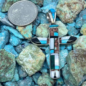 2 Inches Length Handmade Native Zuni Style Multi-stone Inlay Cross Sterling Silver Pendant