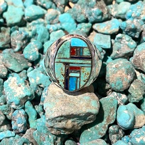 Size 10 Navajo Made Zuni Multi-stone Inlay Turquoise Sterling Silver Ring