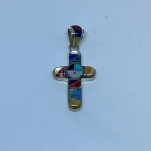 1.75 Inch Length Handmade Multi-Stone Inlay Zuni Native Style Cross Sterling Silver Pendant
