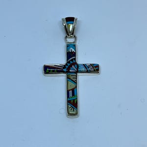 2 Inches Length Handmade Zuni Navajo Native Style Multi-Stone Inlay Cross Sterling Silver Pendant