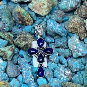 1.75 Inch Handmade Teardrop Blue Lapis Cluster Cross Navajo Style Sterling Silver Pendant