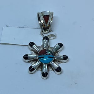 1.5 Inch Length Handmade Native Zuni Kachina Style Multi-color Stone Inlay Sterling Silver Pendant