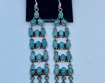 3.25 Inches Length Handmade Petit Point Turquoise Cluster Dangle Sterling Silver Earrings