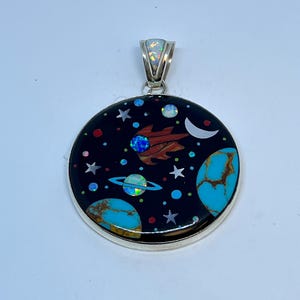 2.25 Inches Length Handmade 40mm Round Night Sky Planet Style Multicolor Stone Inlay Sterling Silver Pendant