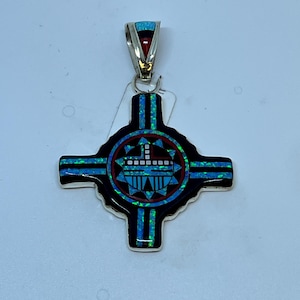 2 Inches Length Handmade Zia Multi-color Inlay Stone Zuni Style Sterling Silver Pendant