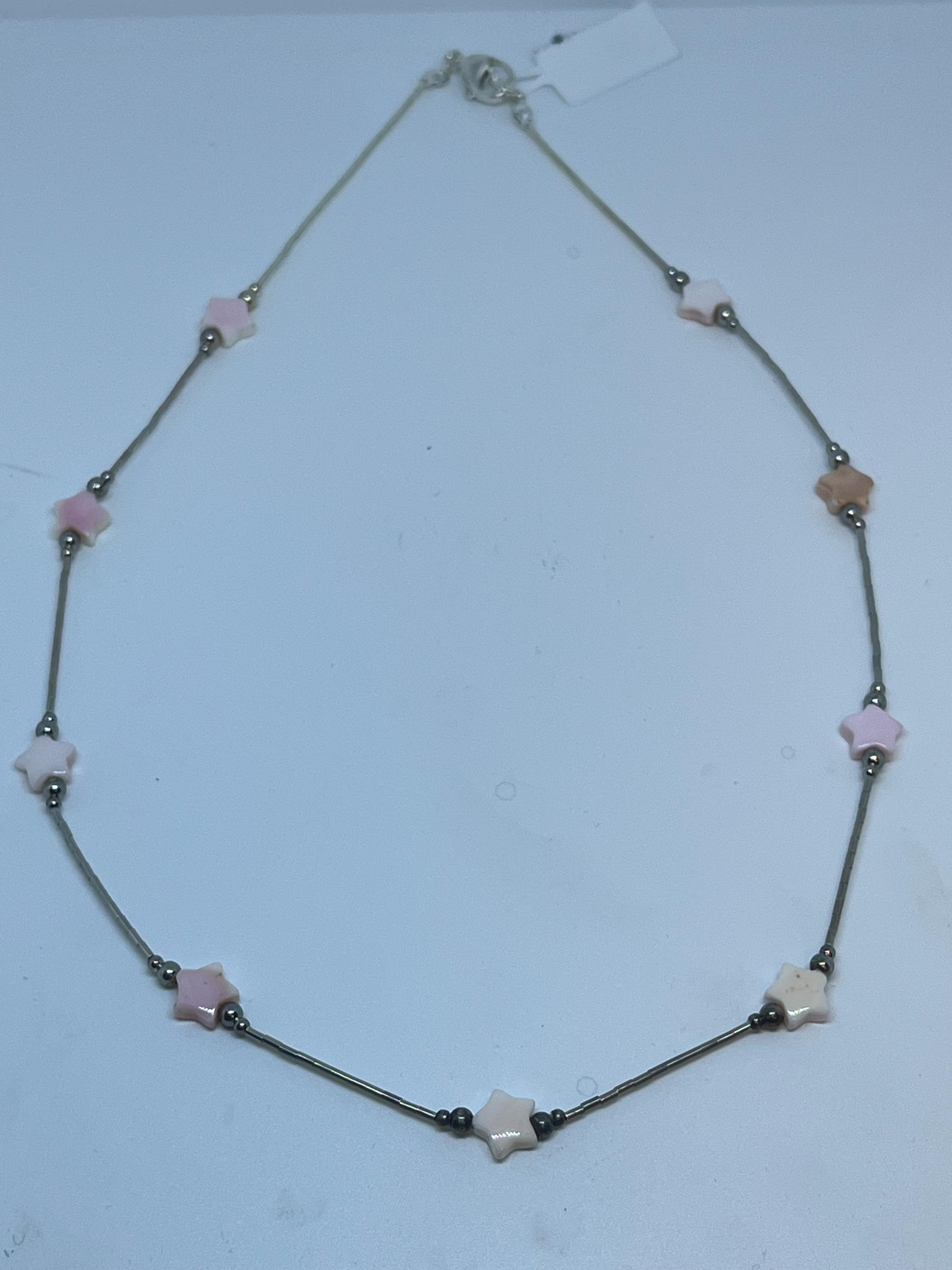 17 Inches Length Handmade Star Pink Conch Shell Beads Sterling Silver Chain