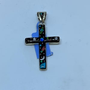 2 Inches Length Handmade Multi-Stone Inlay Night Sky Planet Cross Sterling Silver Pendant