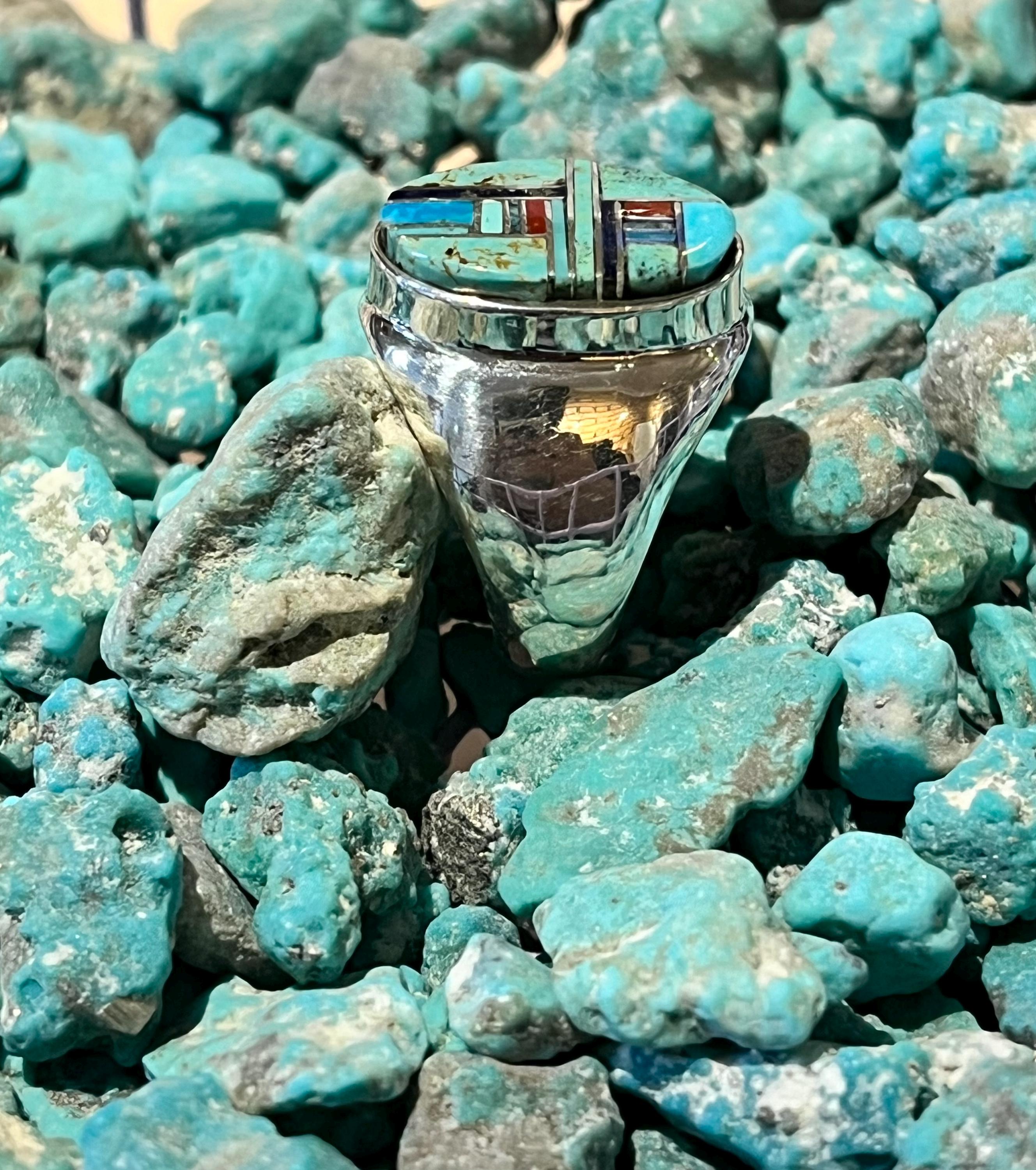 Size 10 Navajo Made Zuni Multi-stone Inlay Turquoise Sterling 