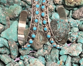 Handcrafted Vintage Turquoise Petit Points Hoop Sterling Silver Post Earrings