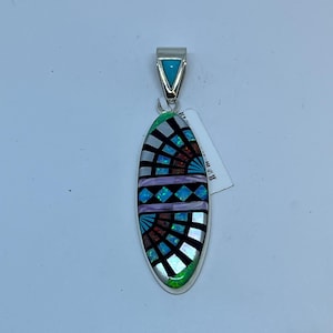 2.5 Inches Length Handmade Zuni Native Style Multi-stone Inlay Sterling Silver Pendant